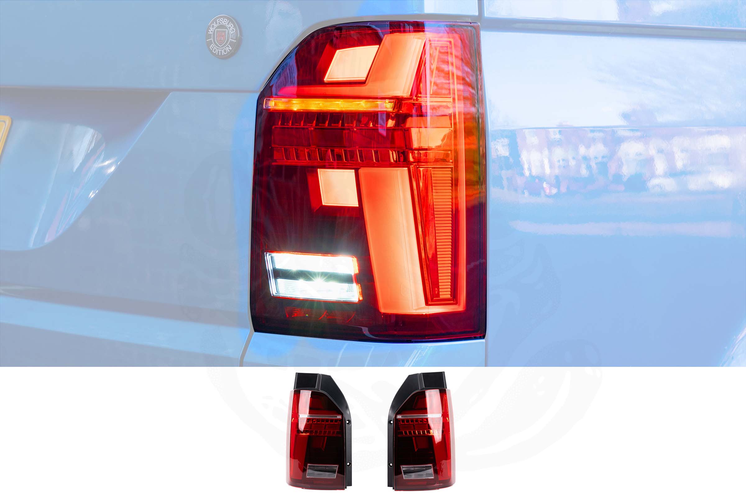 VW T6.1 Red & Clear LED Rear Lights With Dynamic Indicator – Tailgate - Image 2