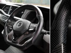 Alternative view of T6.1 Vee Dub Performance Carbon Fibre & Punched Leather Flat Bottom Steering Wheel Core (Black Stitch)