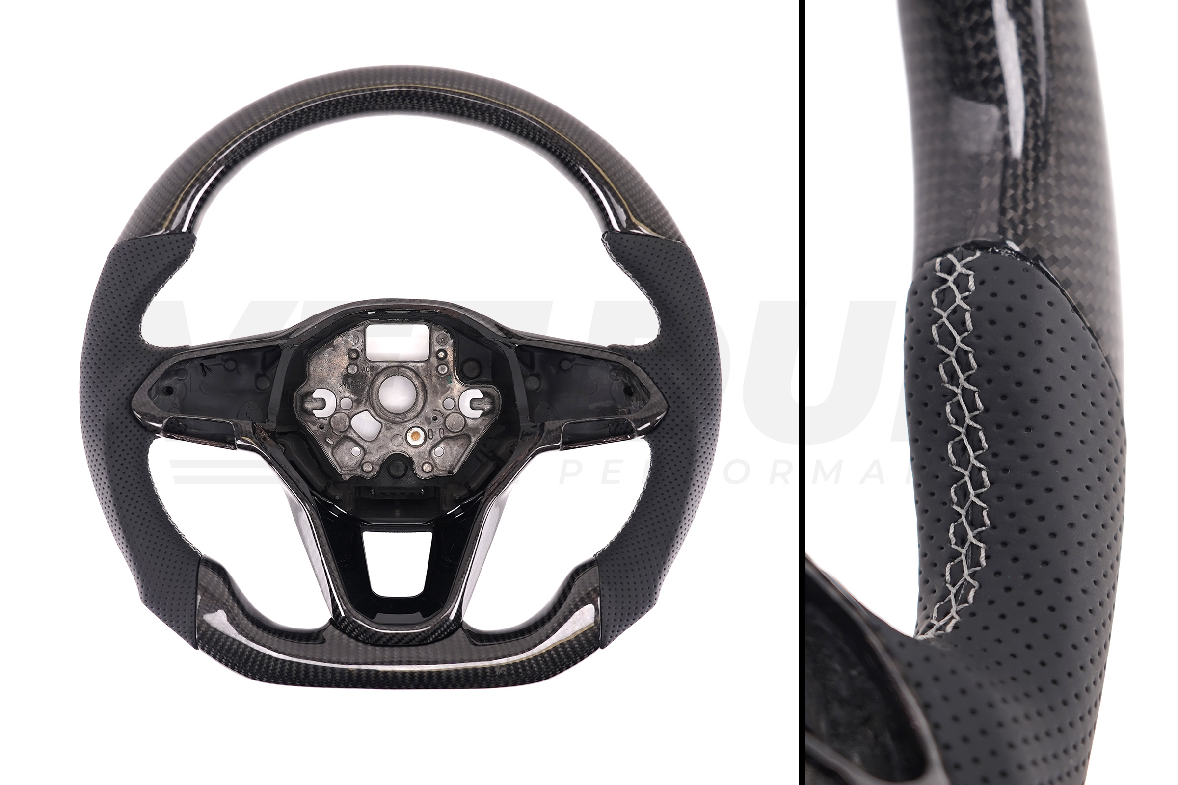 T6.1 Vee Dub Performance Carbon Fibre & Punched Leather Flat Bottom Steering Wheel Core (Grey Stitch)