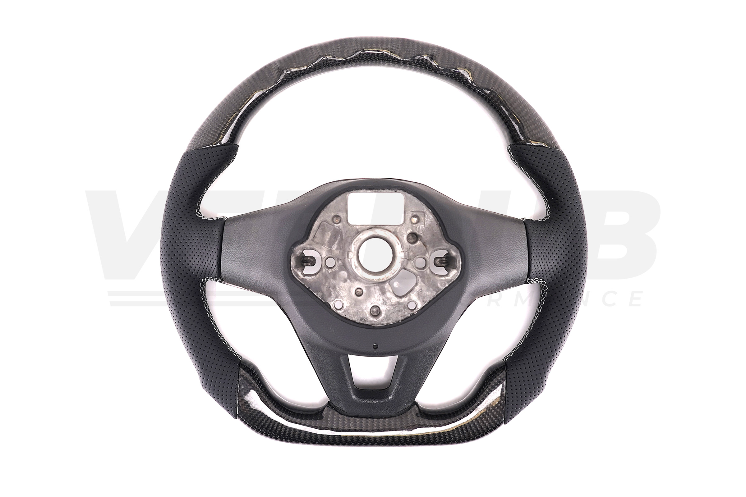 T6.1 Vee Dub Performance Carbon Fibre & Punched Leather Flat Bottom Steering Wheel Core (Grey Stitch) - Image 5