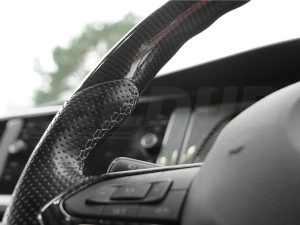 T6.1 Vee Dub Performance Carbon Fibre & Punched Leather Flat Bottom Steering Wheel Core (Grey Stitch) - Image 4