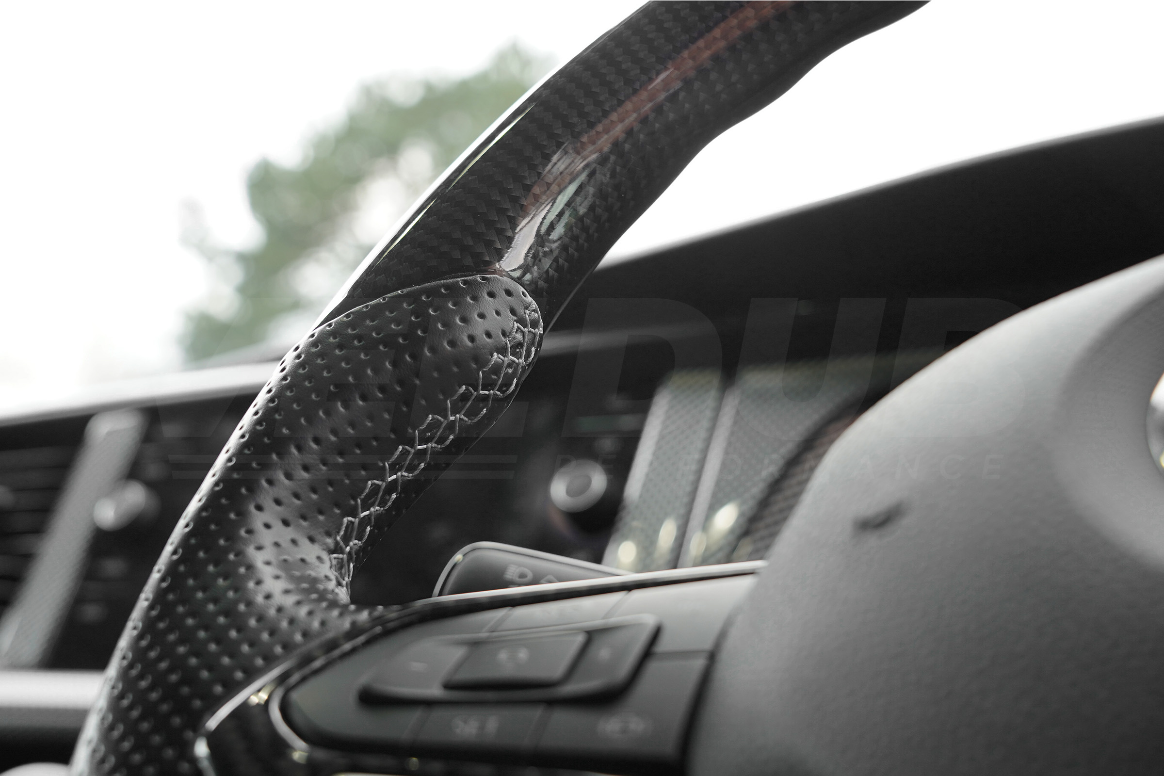 T6.1 Vee Dub Performance Carbon Fibre & Punched Leather Flat Bottom Steering Wheel Core (Grey Stitch) - Image 4
