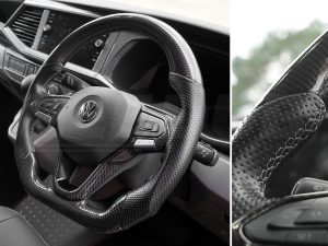Alternative view of T6.1 Vee Dub Performance Carbon Fibre & Punched Leather Flat Bottom Steering Wheel Core (Grey Stitch)