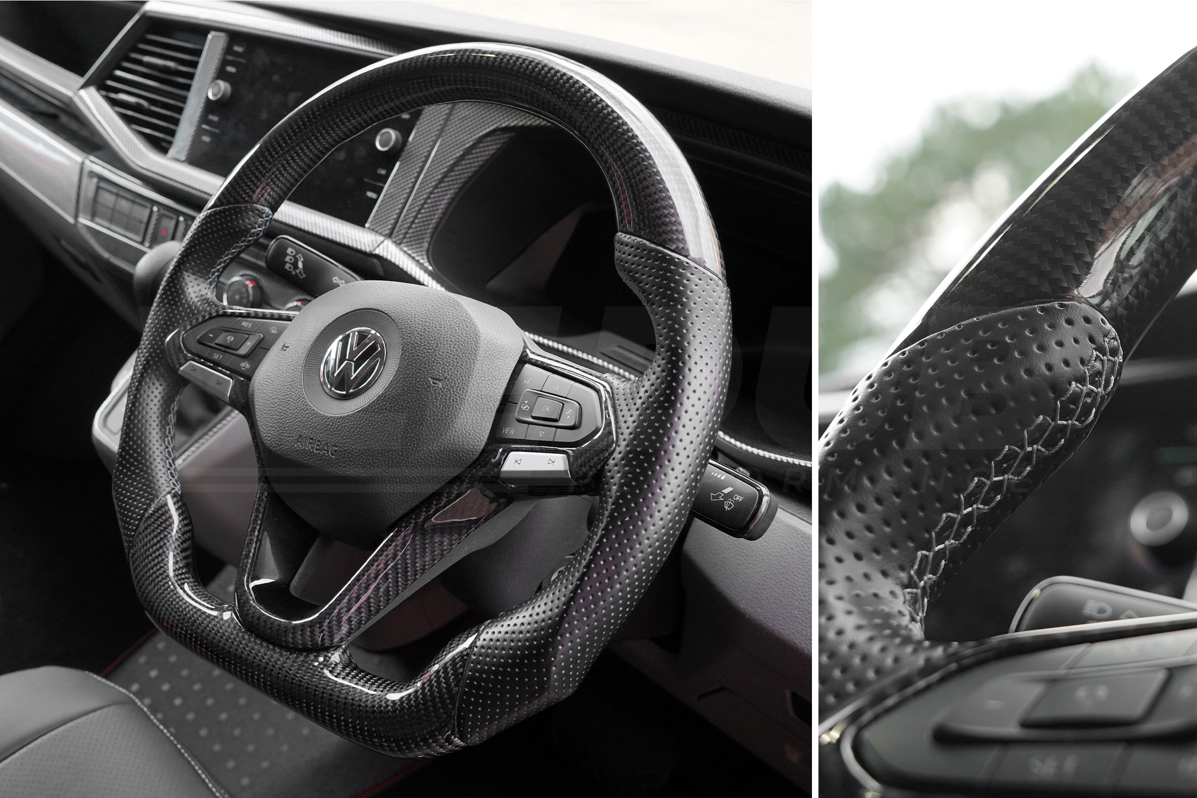 T6.1 Vee Dub Performance Carbon Fibre & Punched Leather Flat Bottom Steering Wheel Core (Grey Stitch) - Image 2