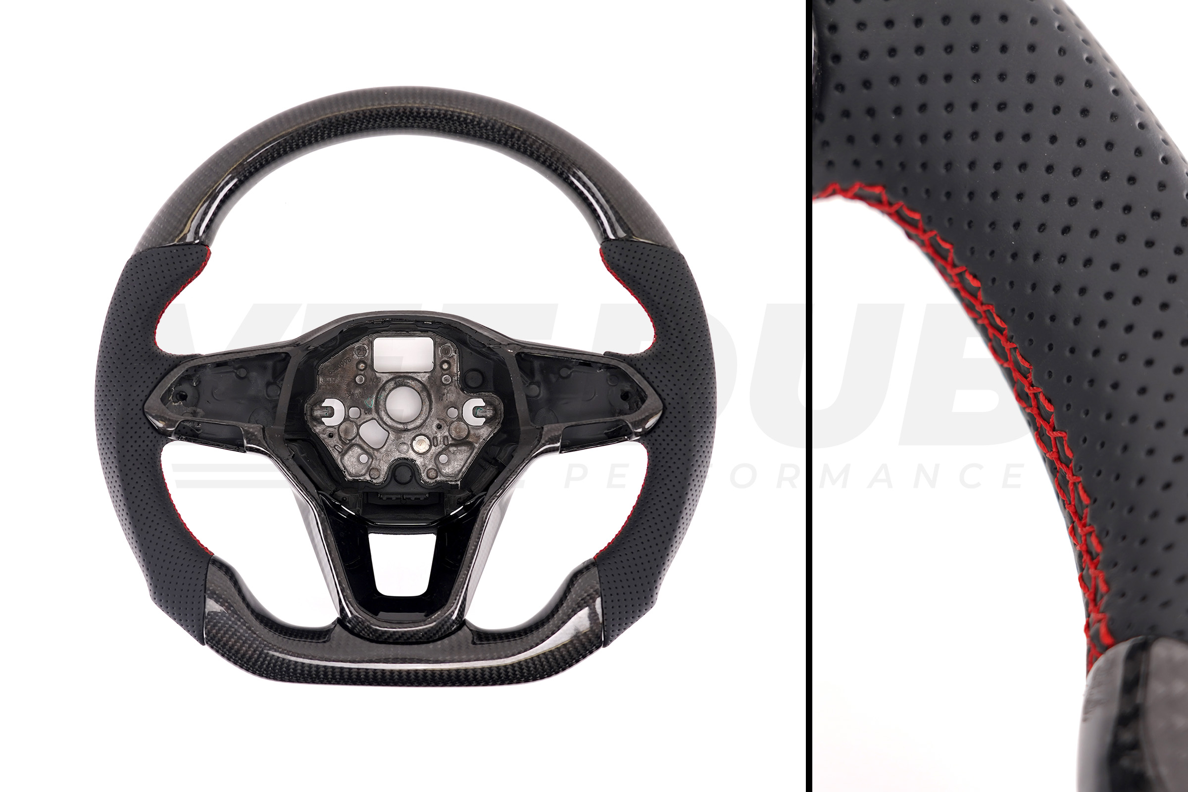 T6.1 Vee Dub Performance Carbon Fibre & Punched Leather Flat Bottom Steering Wheel Core (Red Stitch)
