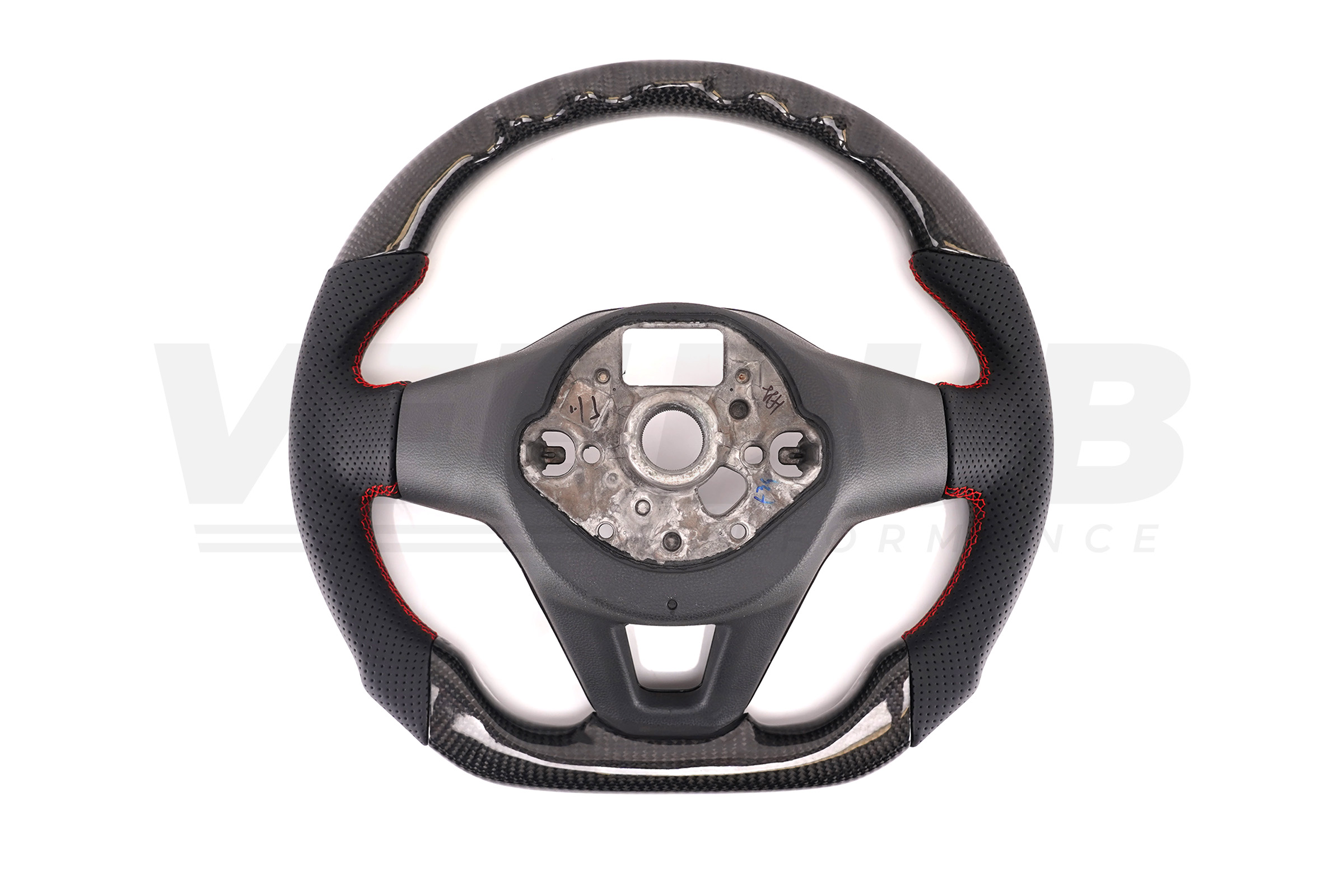 T6.1 Vee Dub Performance Carbon Fibre & Punched Leather Flat Bottom Steering Wheel Core (Red Stitch) - Image 5