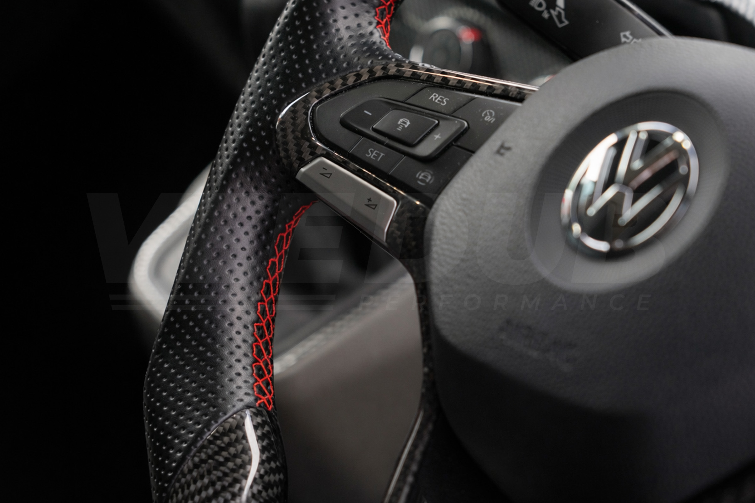T6.1 Vee Dub Performance Carbon Fibre & Punched Leather Flat Bottom Steering Wheel Core (Red Stitch) - Image 4