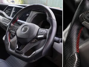 Alternative view of T6.1 Vee Dub Performance Carbon Fibre & Punched Leather Flat Bottom Steering Wheel Core (Red Stitch)