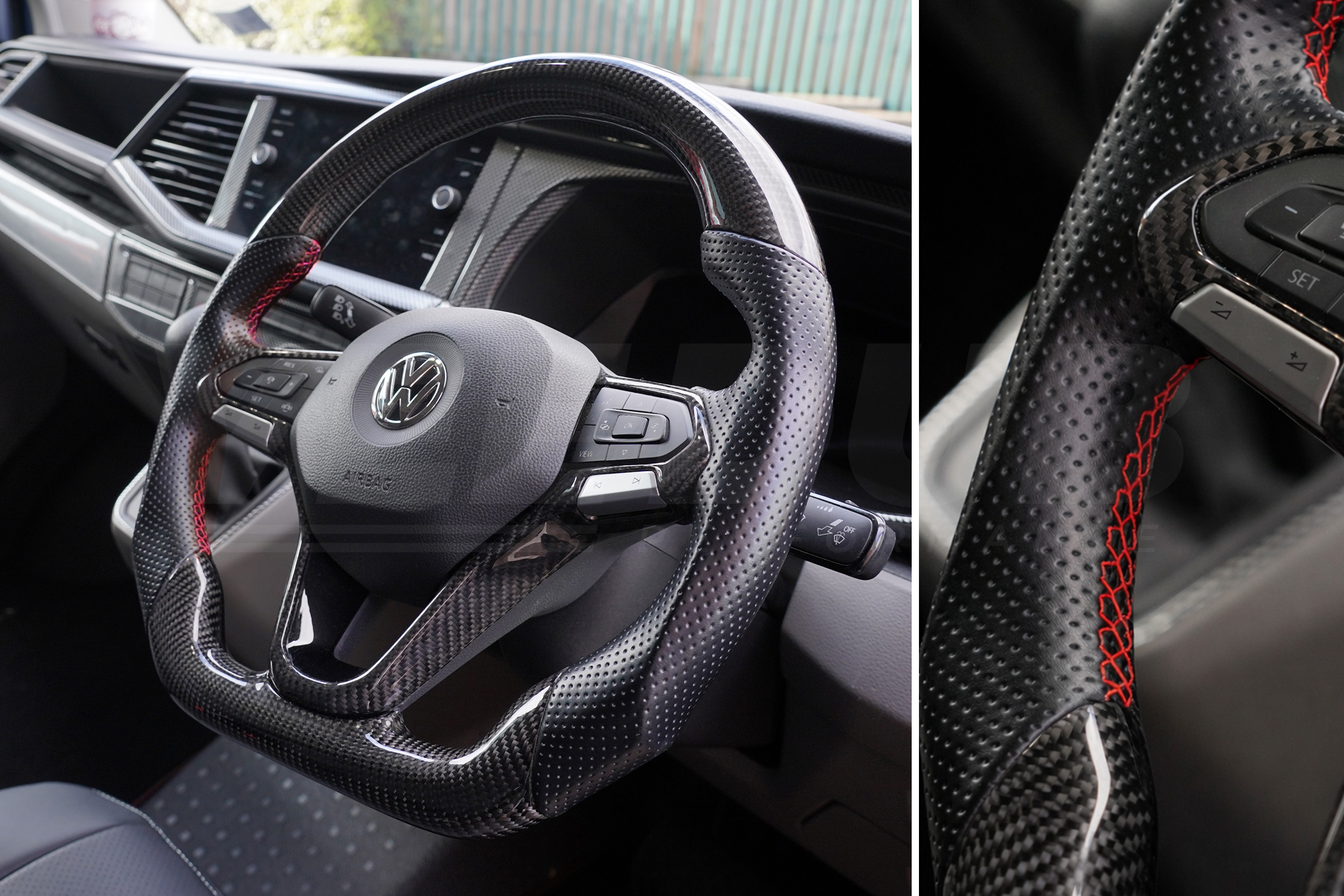 T6.1 Vee Dub Performance Carbon Fibre & Punched Leather Flat Bottom Steering Wheel Core (Red Stitch) - Image 2