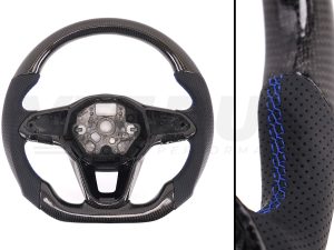T6.1 Vee Dub Performance Carbon Fibre & Punched Leather Flat Bottom Steering Wheel Core (Blue Stitch)