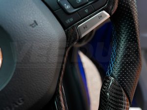 T6.1 Vee Dub Performance Carbon Fibre & Punched Leather Flat Bottom Steering Wheel Core (Blue Stitch) - Image 4