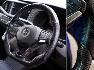 Alternative view of T6.1 Vee Dub Performance Carbon Fibre & Punched Leather Flat Bottom Steering Wheel Core (Blue Stitch)