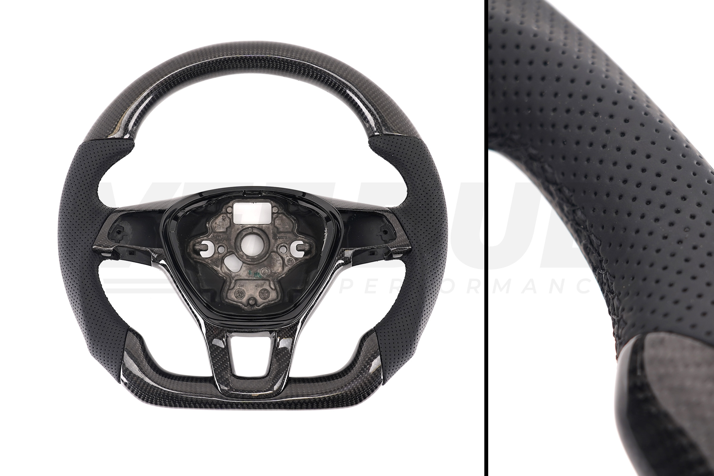 T6 Vee Dub Performance Carbon Fibre & Punched Leather Flat Bottom Steering Wheel Core (Black Stitch)