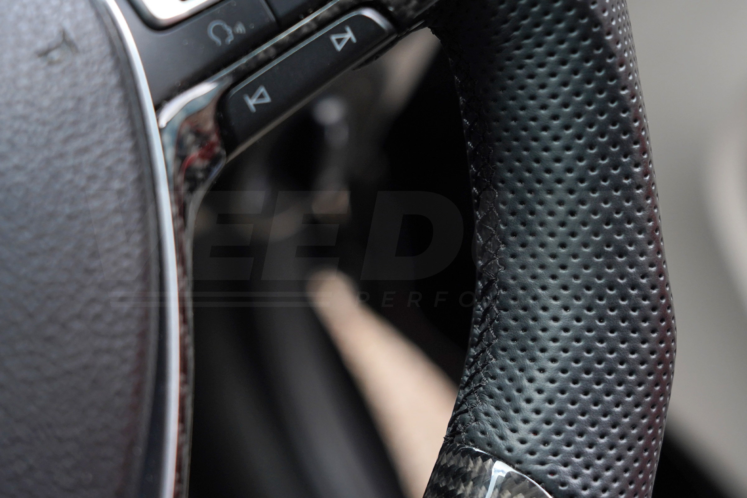 T6 Vee Dub Performance Carbon Fibre & Punched Leather Flat Bottom Steering Wheel Core (Black Stitch) - Image 4