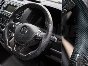 Alternative view of T6 Vee Dub Performance Carbon Fibre & Punched Leather Flat Bottom Steering Wheel Core (Black Stitch)