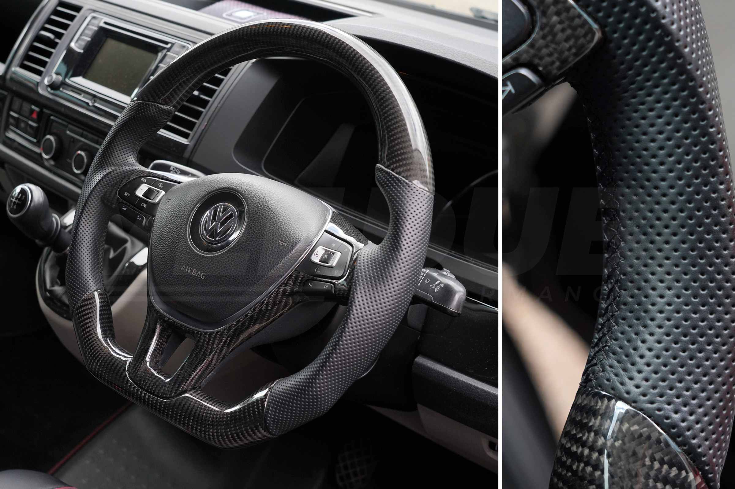 T6 Vee Dub Performance Carbon Fibre & Punched Leather Flat Bottom Steering Wheel Core (Black Stitch) - Image 2