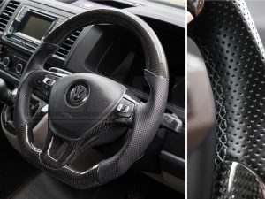 Alternative view of T6 Vee Dub Performance Carbon Fibre & Punched Leather Flat Bottom Steering Wheel Core (Grey Stitch)