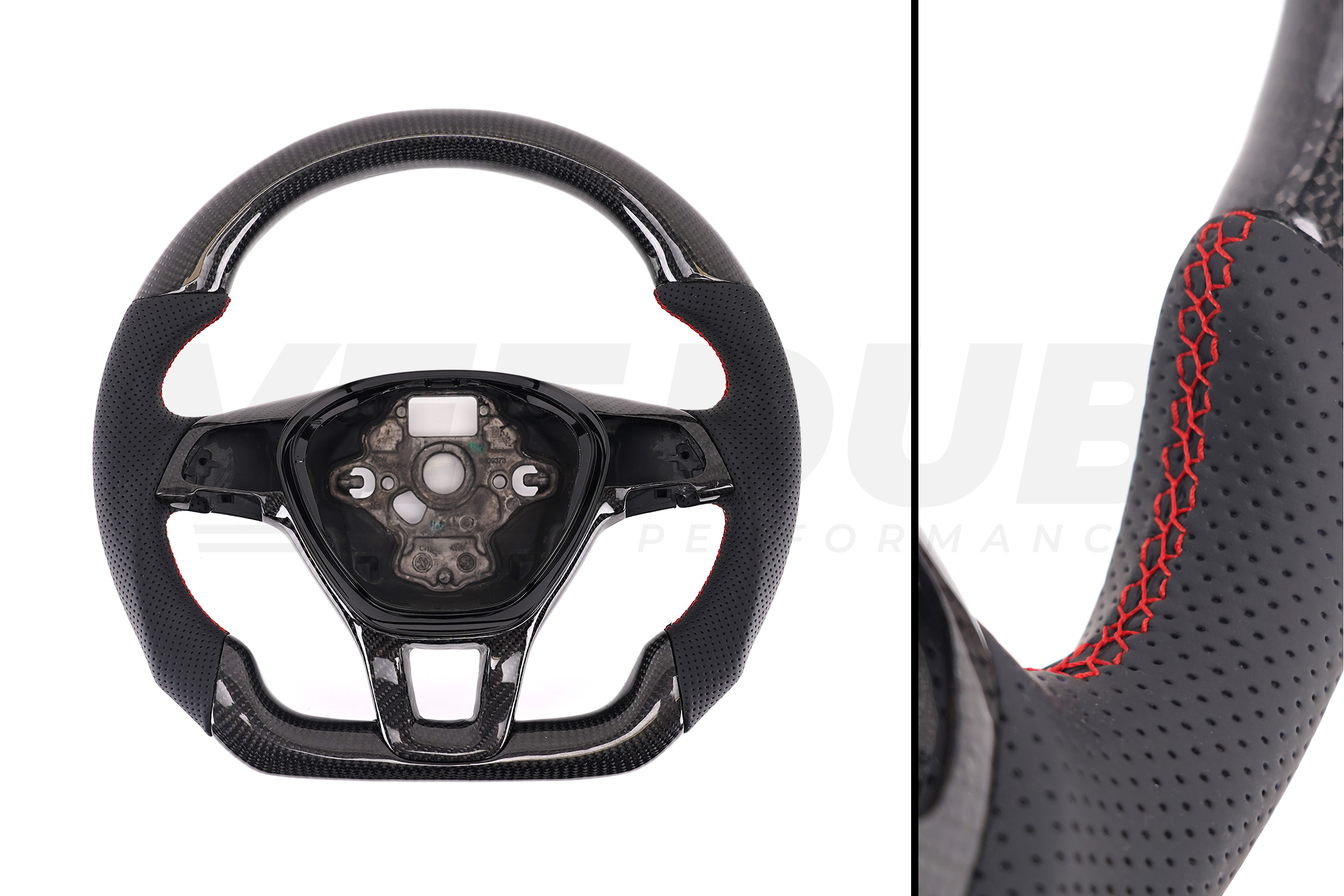 T6 Vee Dub Performance Carbon Fibre & Punched Leather Flat Bottom Steering Wheel Core (Red Stitch)