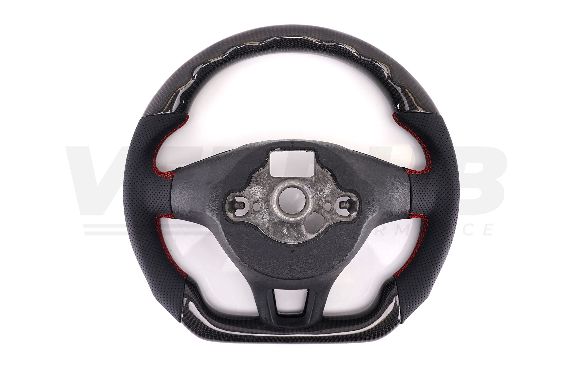 T6 Vee Dub Performance Carbon Fibre & Punched Leather Flat Bottom Steering Wheel Core (Red Stitch) - Image 5
