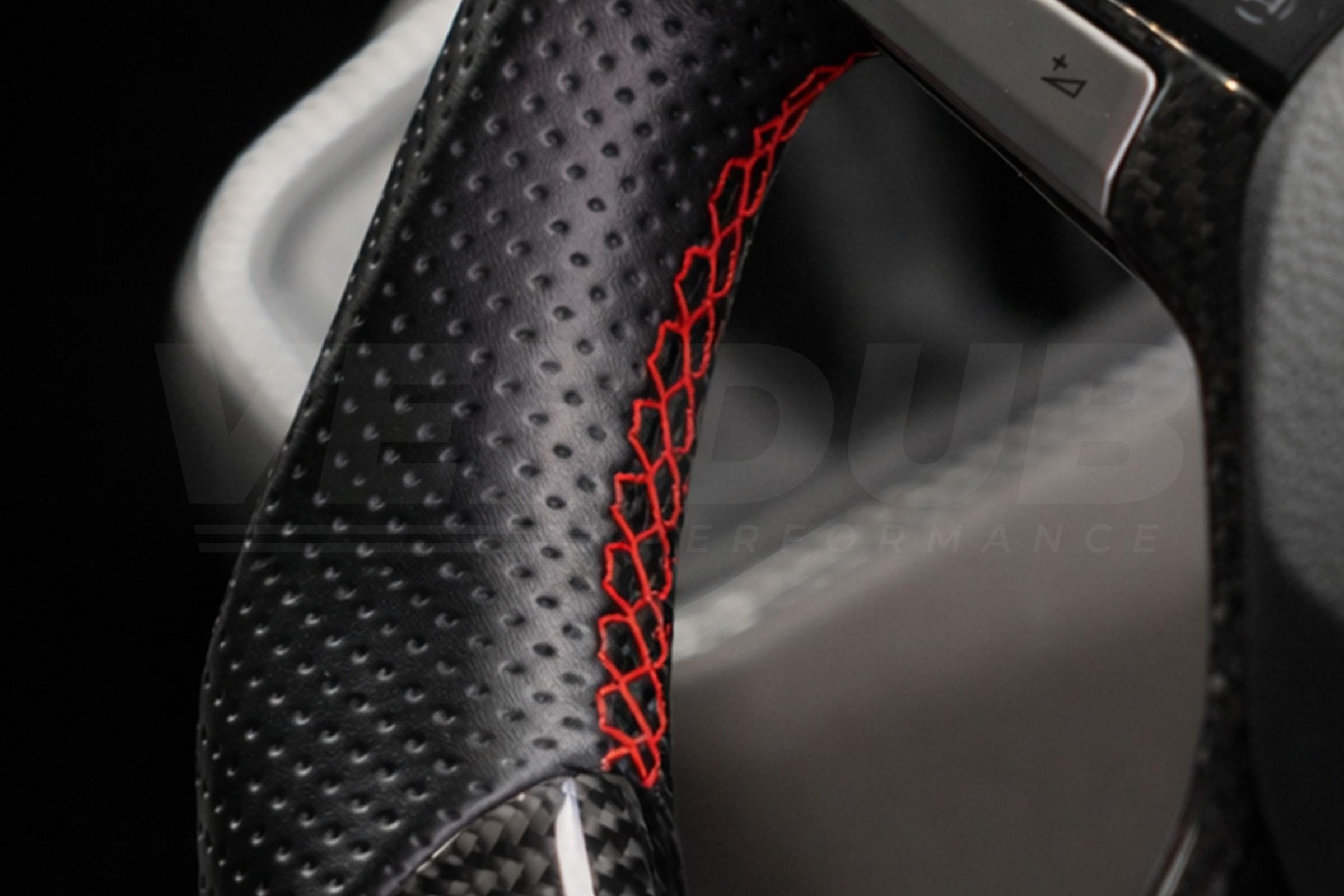 T6 Vee Dub Performance Carbon Fibre & Punched Leather Flat Bottom Steering Wheel Core (Red Stitch) - Image 4