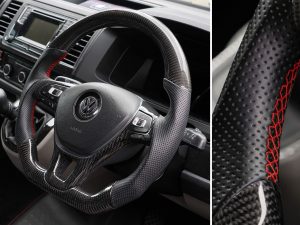 Alternative view of T6 Vee Dub Performance Carbon Fibre & Punched Leather Flat Bottom Steering Wheel Core (Red Stitch)