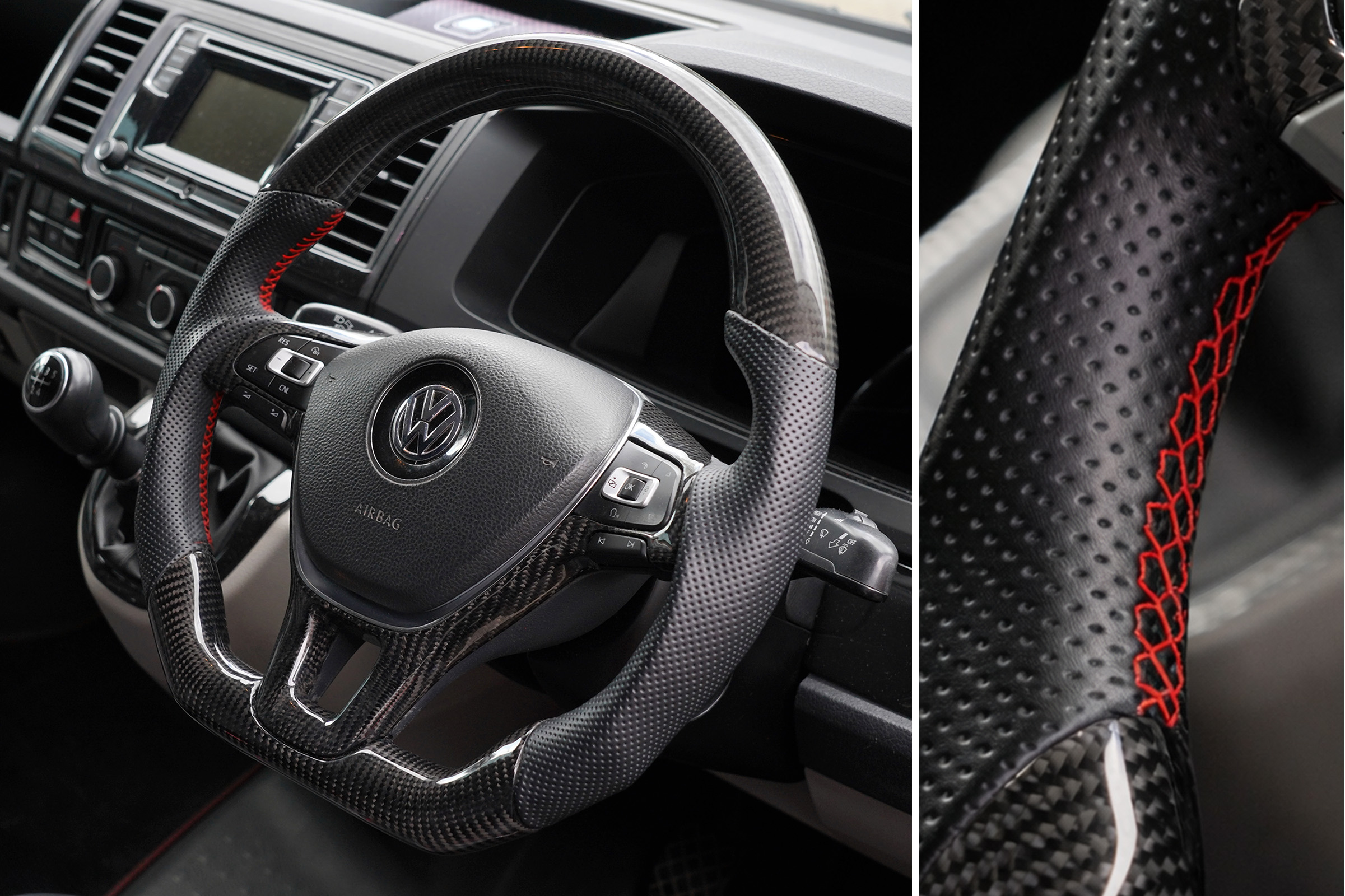 T6 Vee Dub Performance Carbon Fibre & Punched Leather Flat Bottom Steering Wheel Core (Red Stitch) - Image 2
