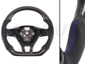 T6 Vee Dub Performance Carbon Fibre & Punched Leather Flat Bottom Steering Wheel Core (Blue Stitch)