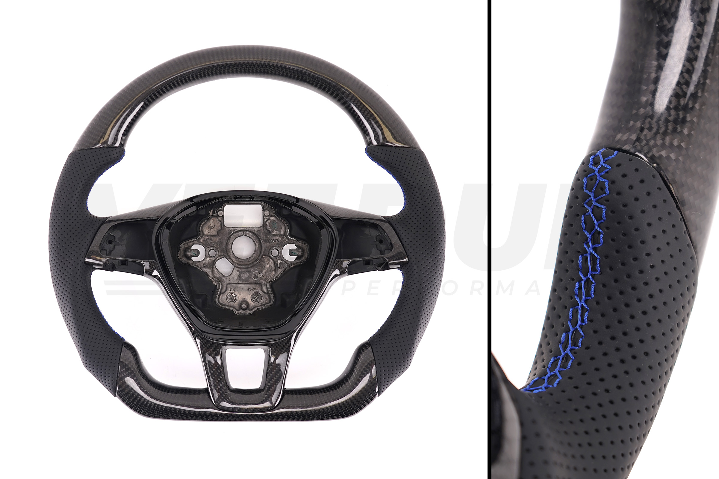 T6 Vee Dub Performance Carbon Fibre & Punched Leather Flat Bottom Steering Wheel Core (Blue Stitch)