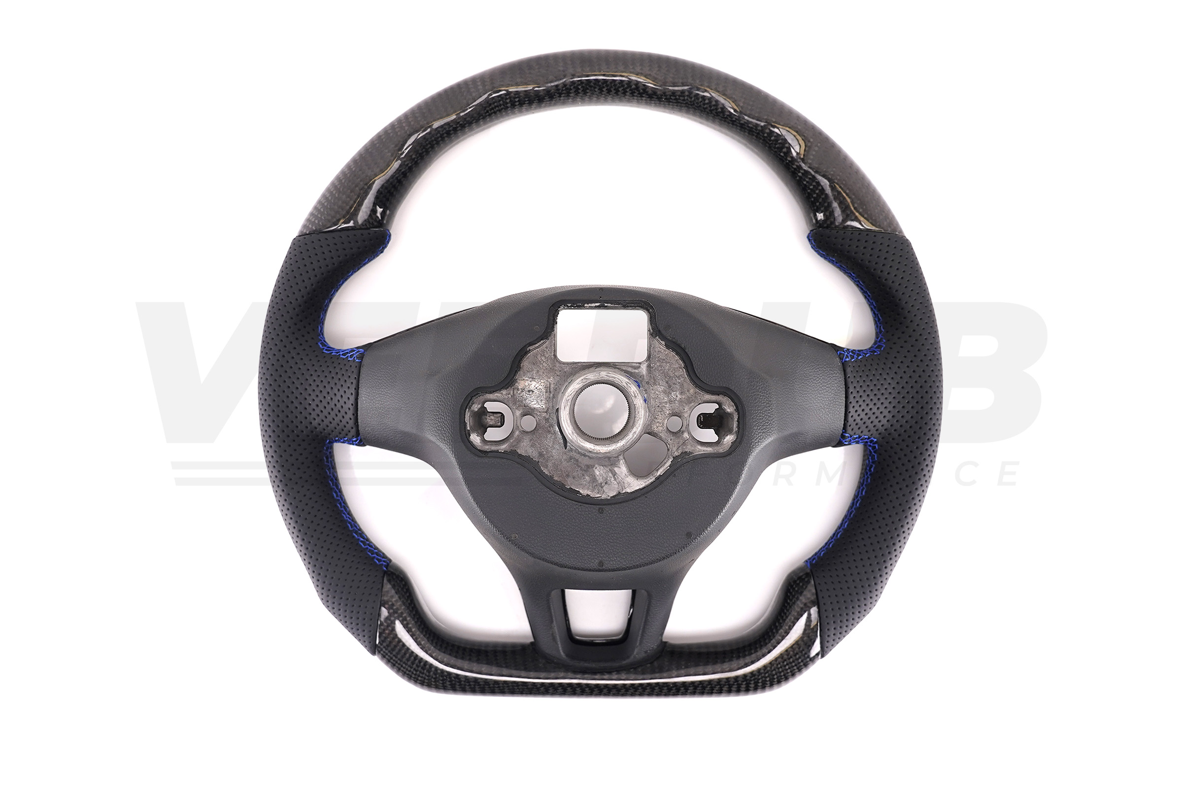 T6 Vee Dub Performance Carbon Fibre & Punched Leather Flat Bottom Steering Wheel Core (Blue Stitch) - Image 5