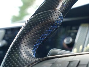 T6 Vee Dub Performance Carbon Fibre & Punched Leather Flat Bottom Steering Wheel Core (Blue Stitch) - Image 4
