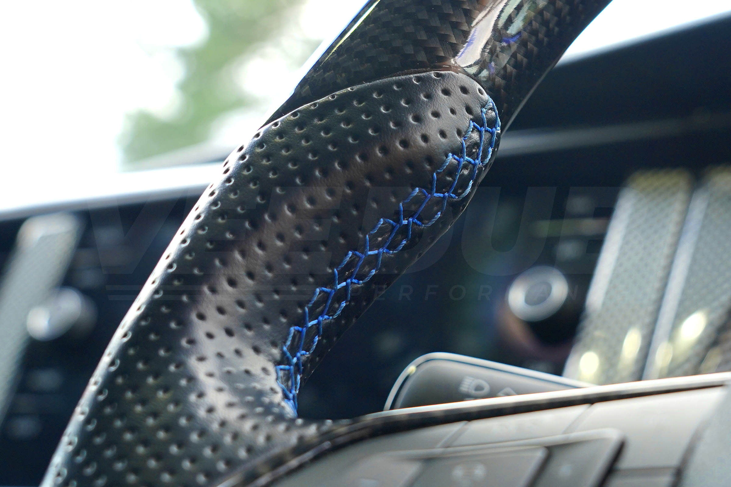 T6 Vee Dub Performance Carbon Fibre & Punched Leather Flat Bottom Steering Wheel Core (Blue Stitch) - Image 4