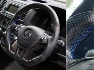 Alternative view of T6 Vee Dub Performance Carbon Fibre & Punched Leather Flat Bottom Steering Wheel Core (Blue Stitch)