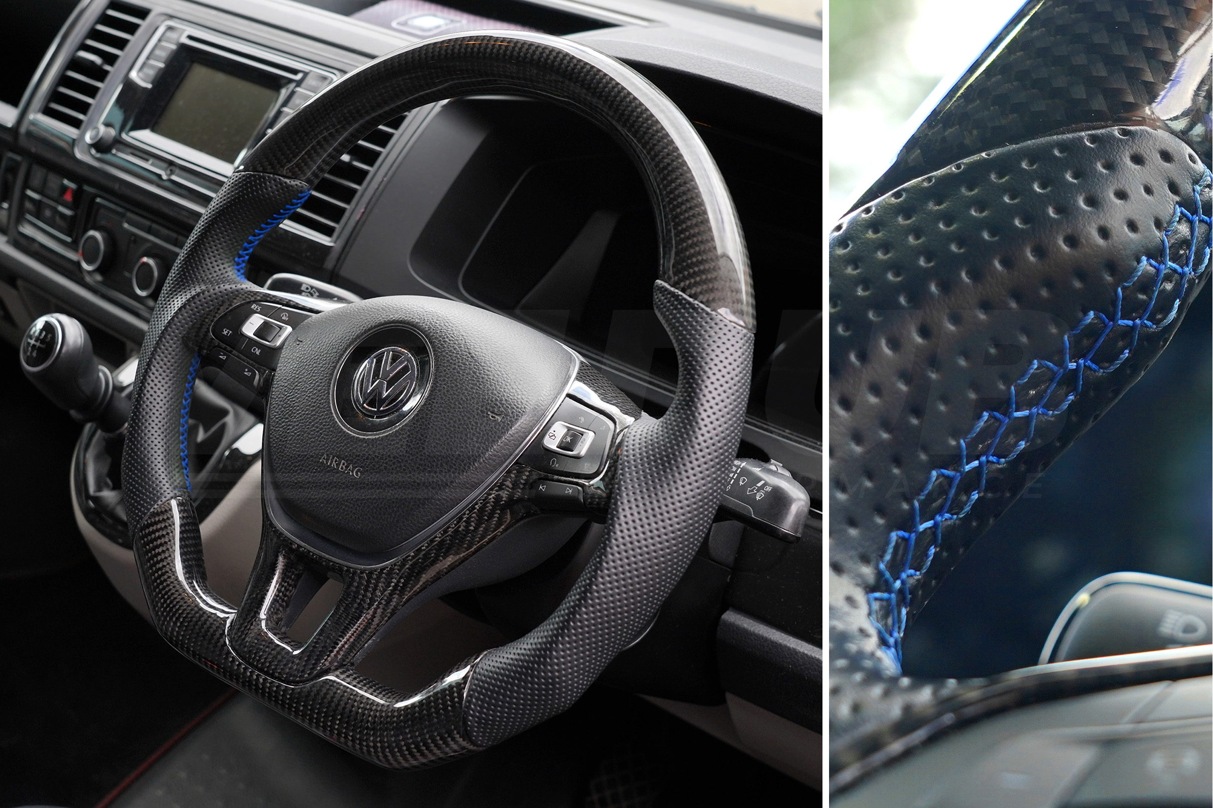 T6 Vee Dub Performance Carbon Fibre & Punched Leather Flat Bottom Steering Wheel Core (Blue Stitch) - Image 2