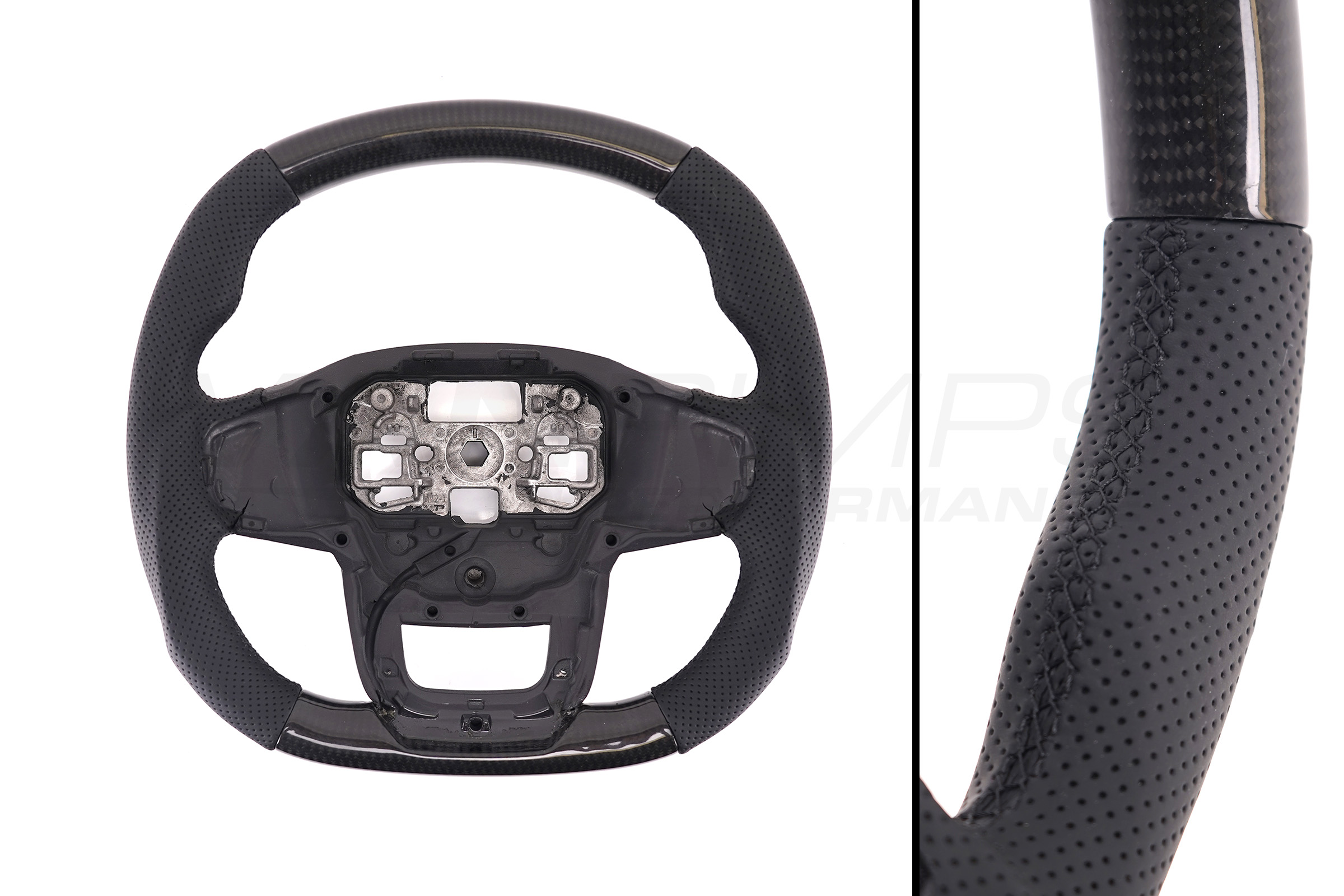 Transit Custom (MK2) VanPimps Performance Carbon Fibre & Punched Leather Flat Bottom Steering Wheel Core (Black Stitch)