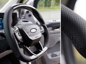 Alternative view of Transit Custom (MK2) VanPimps Performance Carbon Fibre & Punched Leather Flat Bottom Steering Wheel Core (Black Stitch)