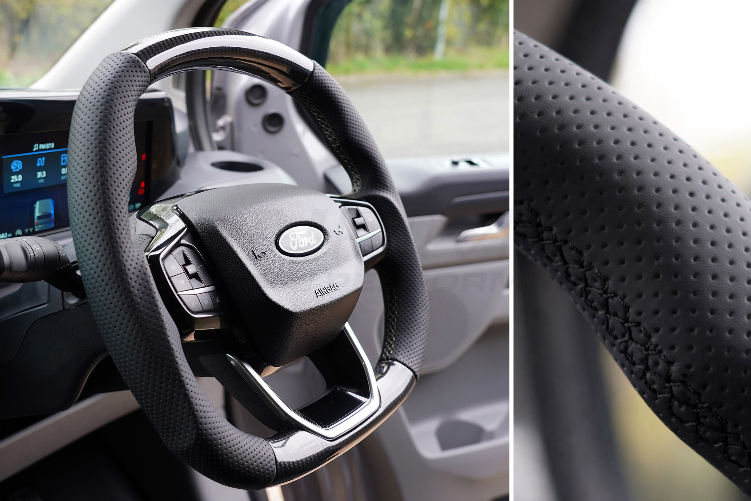 Transit Custom (MK2) VanPimps Performance Carbon Fibre & Punched Leather Flat Bottom Steering Wheel Core (Black Stitch) - Image 2
