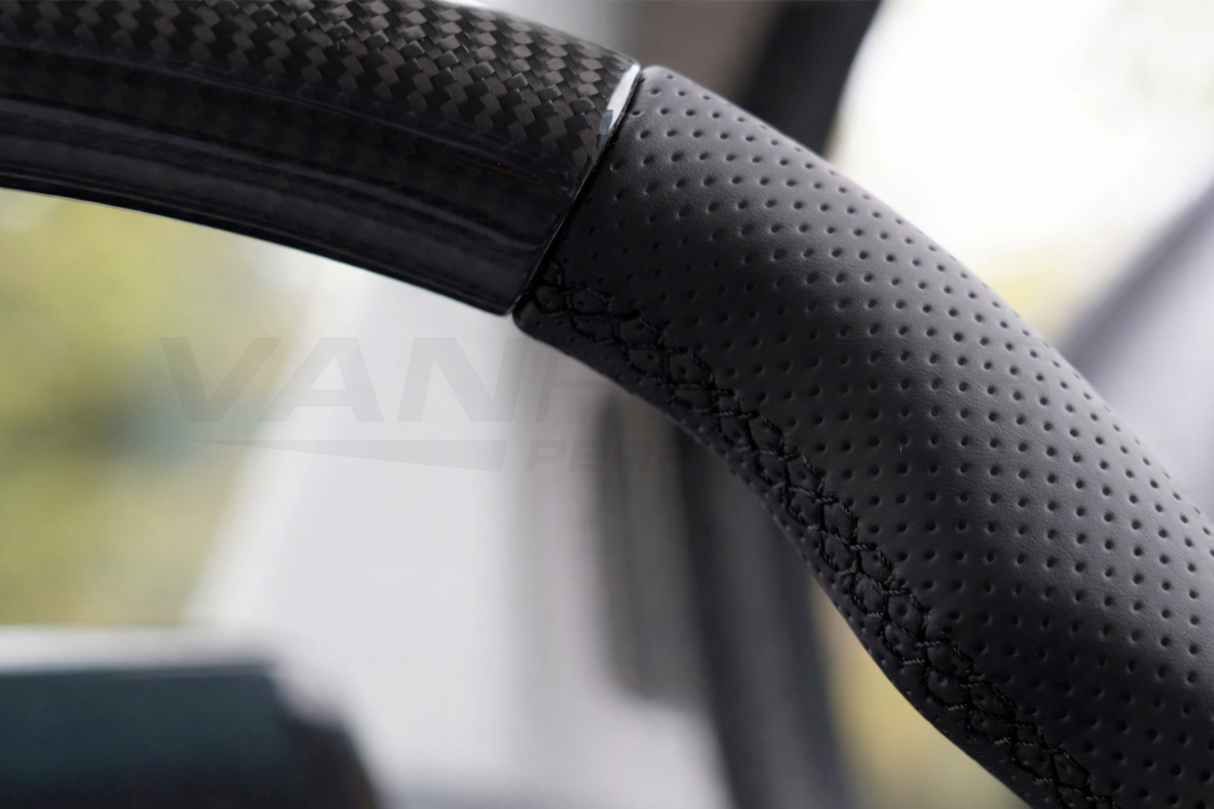 Transit Custom (MK2) VanPimps Performance Carbon Fibre & Punched Leather Flat Bottom Steering Wheel Core (Black Stitch) - Image 4