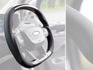 Transit Custom (MK2) VanPimps Performance Carbon Fibre & Punched Leather Flat Bottom Steering Wheel Core (Black Stitch) - Image 3