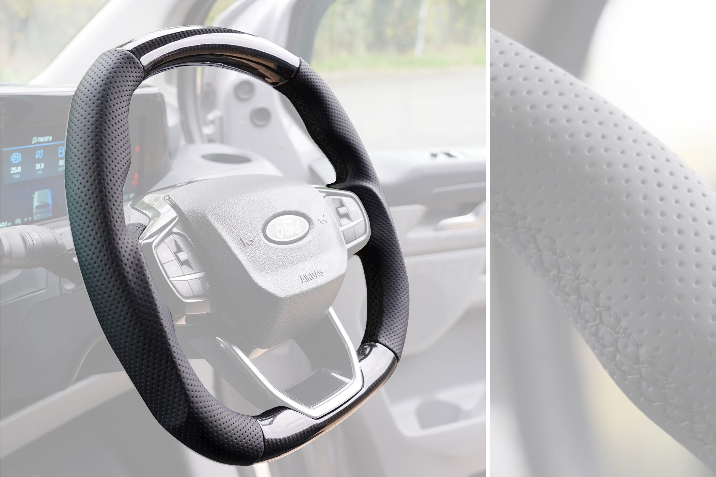 Transit Custom (MK2) VanPimps Performance Carbon Fibre & Punched Leather Flat Bottom Steering Wheel Core (Black Stitch) - Image 3