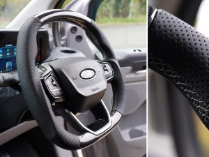 Alternative view of Transit Custom (MK2) VanPimps Performance Carbon Fibre & Punched Leather Flat Bottom Steering Wheel Core (Grey Stitch)