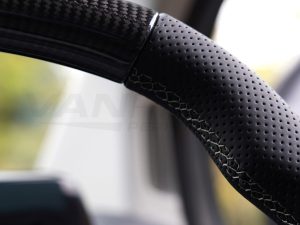 Transit Custom (MK2) VanPimps Performance Carbon Fibre & Punched Leather Flat Bottom Steering Wheel Core (Grey Stitch) - Image 4