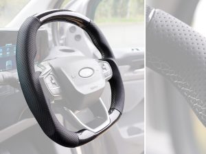 Transit Custom (MK2) VanPimps Performance Carbon Fibre & Punched Leather Flat Bottom Steering Wheel Core (Grey Stitch) - Image 3