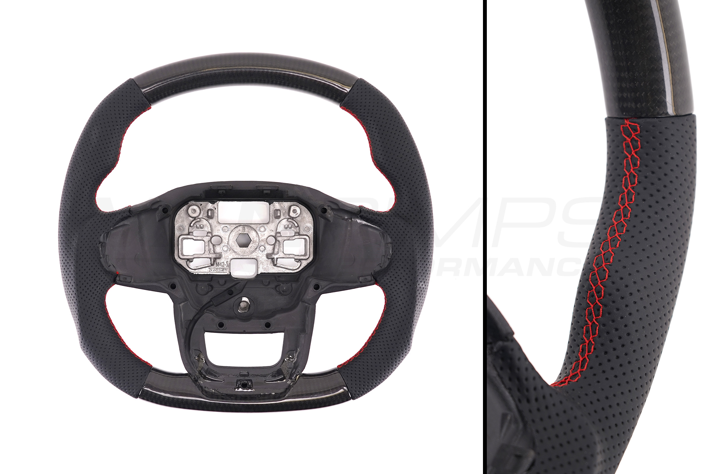 Transit Custom (MK2) VanPimps Performance Carbon Fibre & Punched Leather Flat Bottom Steering Wheel Core (Red Stitch)