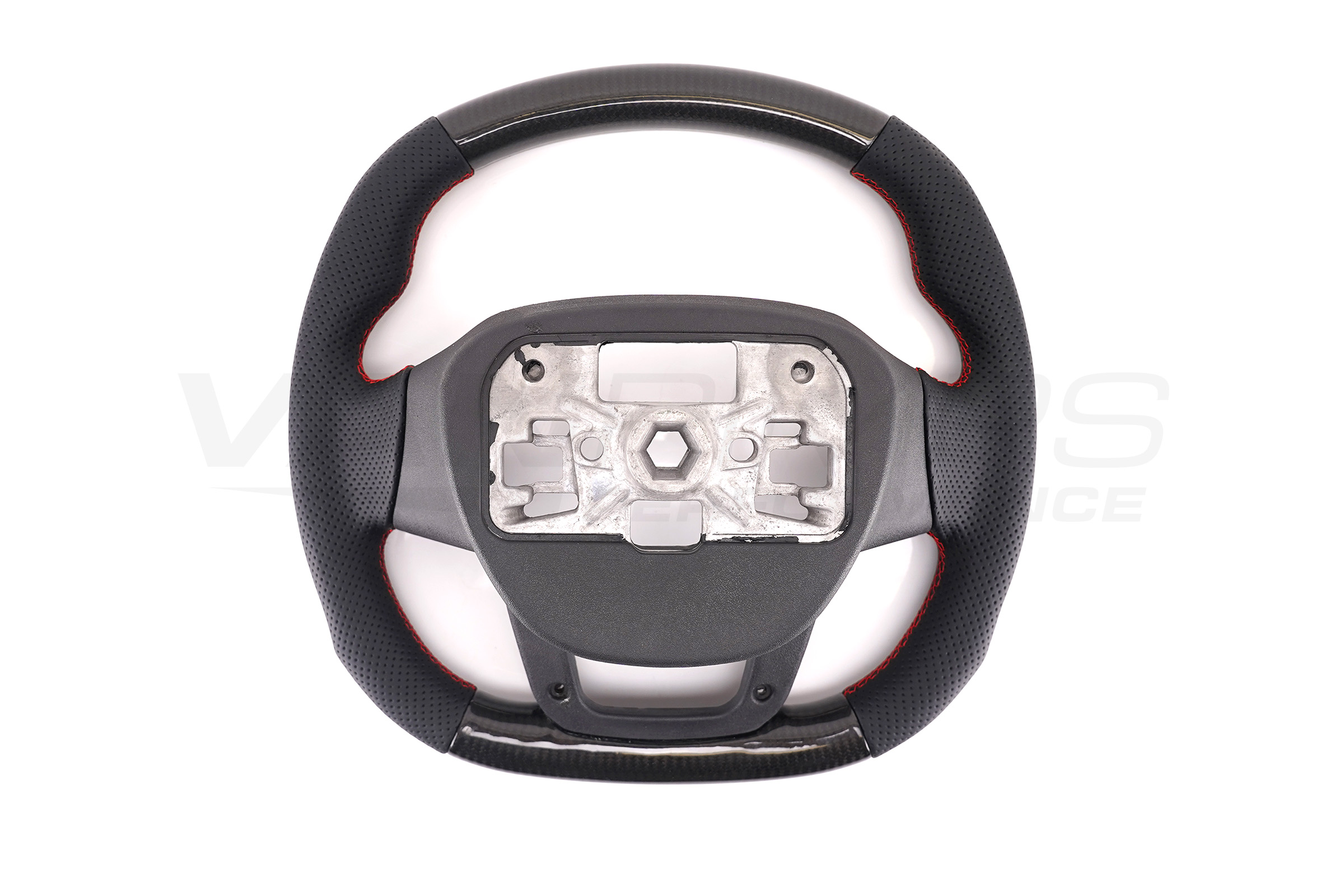 Transit Custom (MK2) VanPimps Performance Carbon Fibre & Punched Leather Flat Bottom Steering Wheel Core (Red Stitch) - Image 5