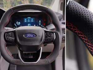 Alternative view of Transit Custom (MK2) VanPimps Performance Carbon Fibre & Punched Leather Flat Bottom Steering Wheel Core (Red Stitch)