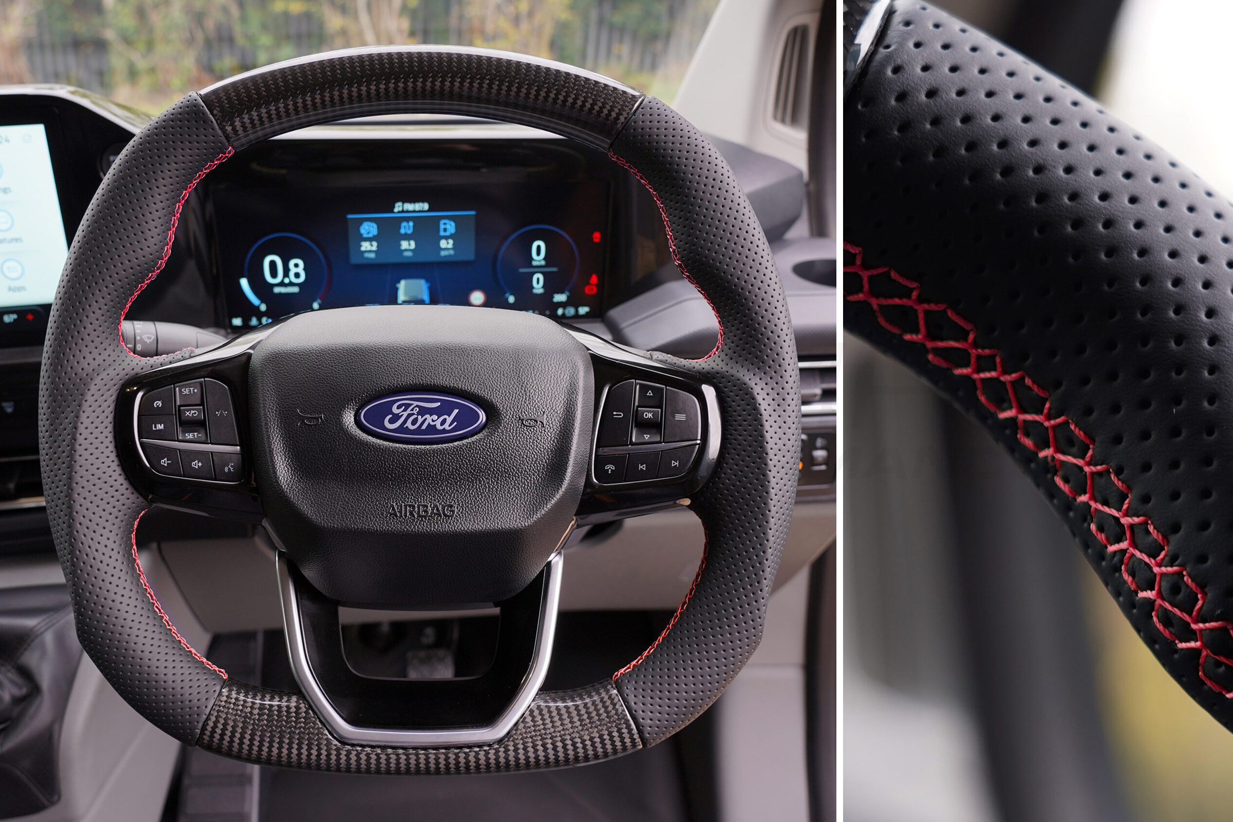 Transit Custom (MK2) VanPimps Performance Carbon Fibre & Punched Leather Flat Bottom Steering Wheel Core (Red Stitch) - Image 2