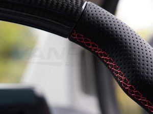 Transit Custom (MK2) VanPimps Performance Carbon Fibre & Punched Leather Flat Bottom Steering Wheel Core (Red Stitch) - Image 4