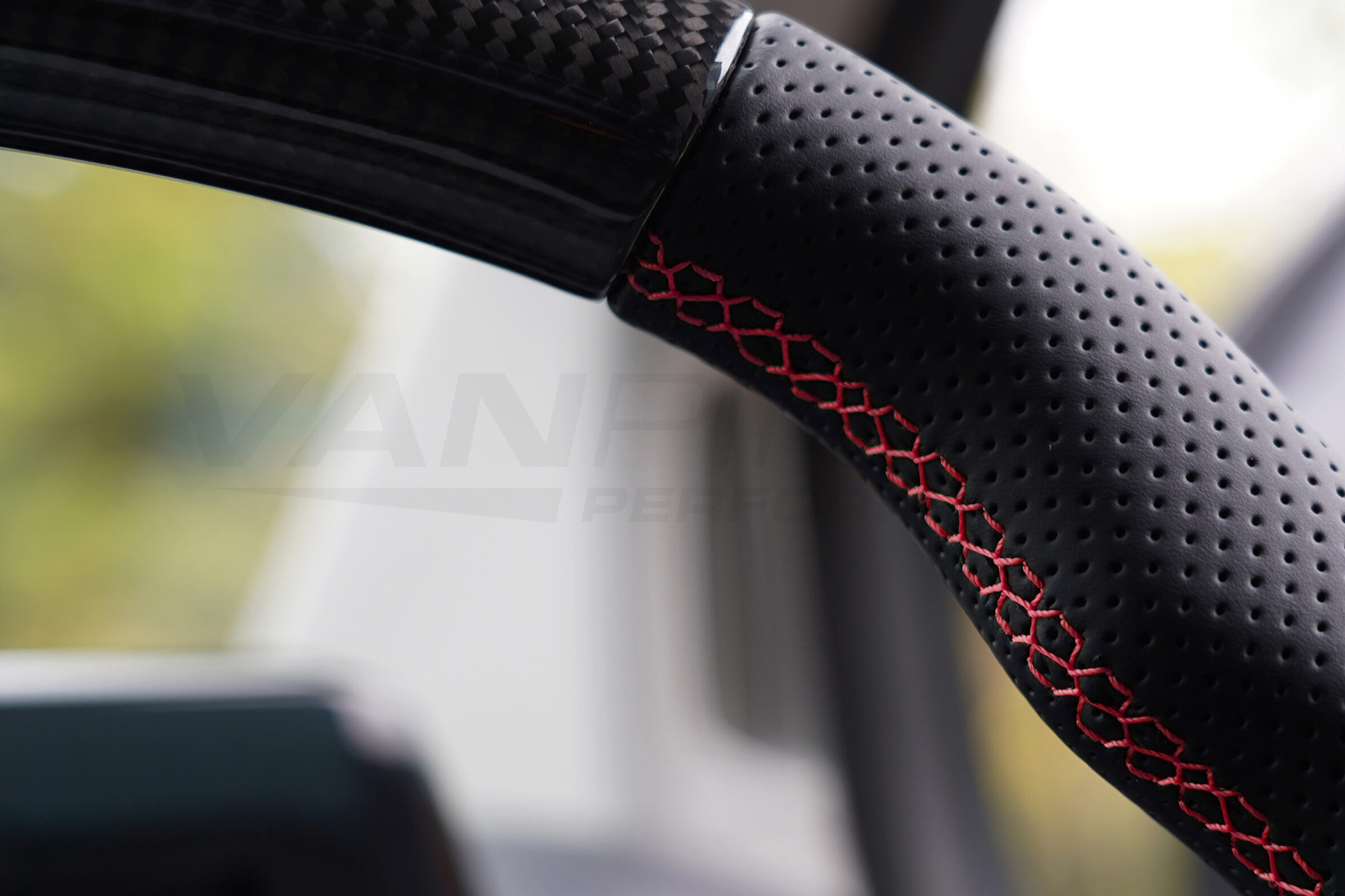 Transit Custom (MK2) VanPimps Performance Carbon Fibre & Punched Leather Flat Bottom Steering Wheel Core (Red Stitch) - Image 4