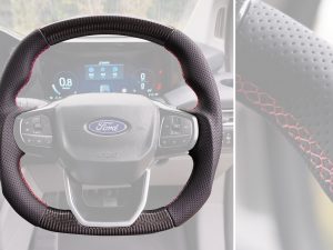 Transit Custom (MK2) VanPimps Performance Carbon Fibre & Punched Leather Flat Bottom Steering Wheel Core (Red Stitch) - Image 3