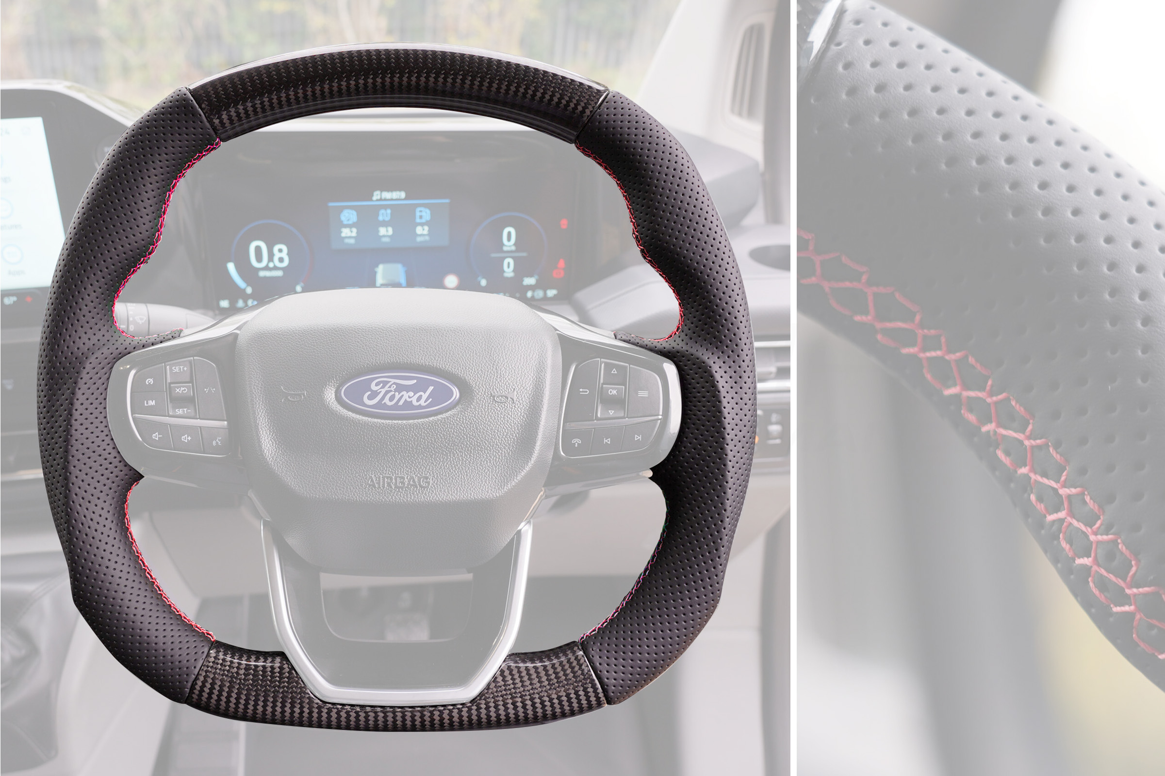 Transit Custom (MK2) VanPimps Performance Carbon Fibre & Punched Leather Flat Bottom Steering Wheel Core (Red Stitch) - Image 3